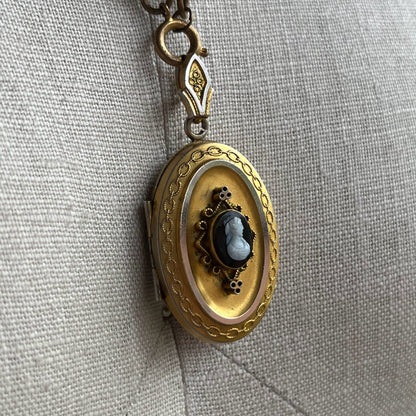 c. 1880s Hardstone Cameo Locket w/ Photo + Hair