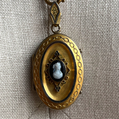 c. 1880s Hardstone Cameo Locket w/ Photo + Hair