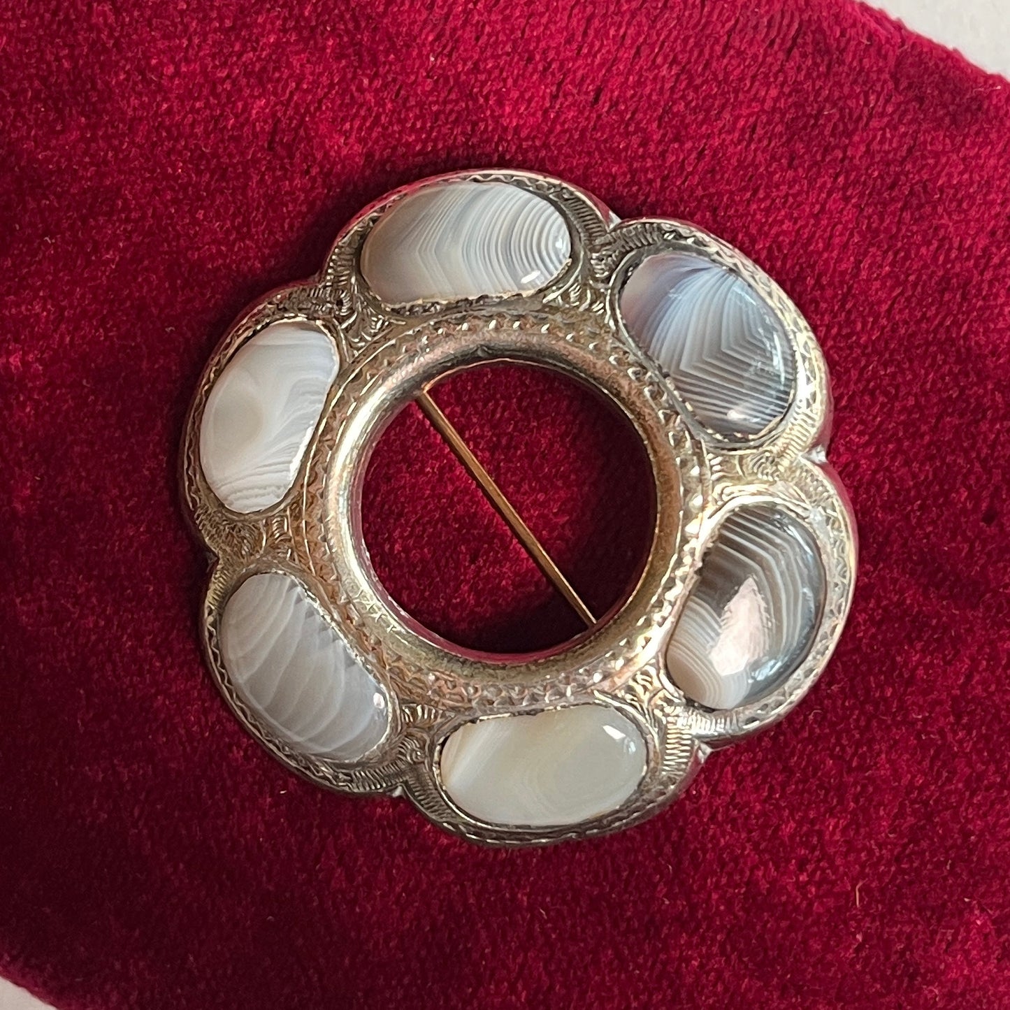19th c. Sterling Silver Montrose Agate Brooch + Pendant