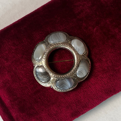 19th c. Sterling Silver Montrose Agate Brooch + Pendant