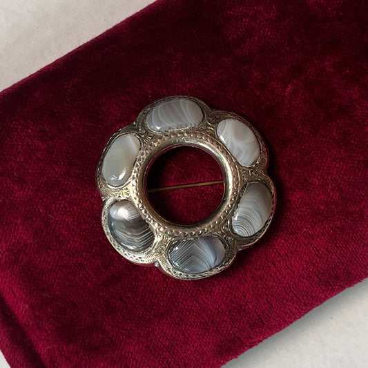 19th c. Sterling Silver Montrose Agate Brooch + Pendant