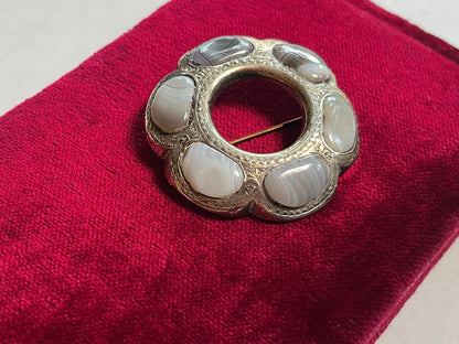 19th c. Sterling Silver Montrose Agate Brooch + Pendant