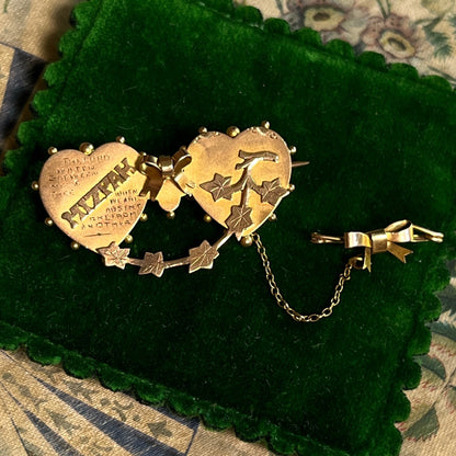 c. 1900s 9k Gold Mizpah Double Heart Brooch