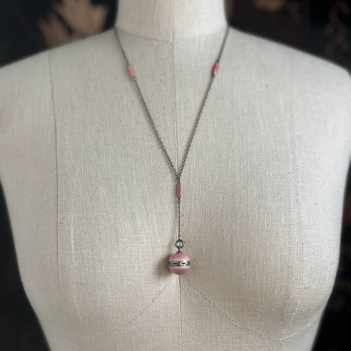 c. 1910s Pink Guilloche Enamel Vinaigrette Necklace
