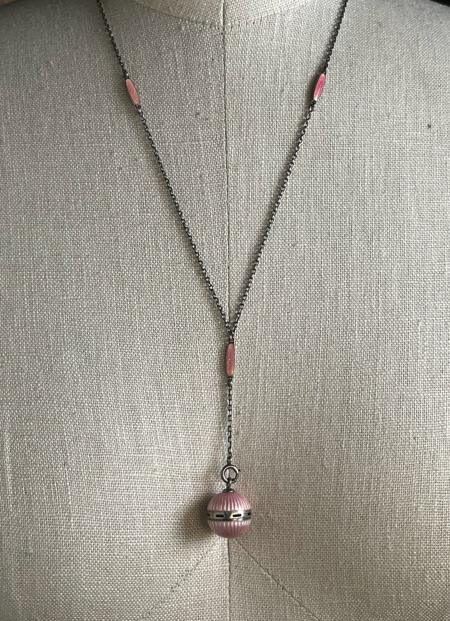 c. 1910s Pink Guilloche Enamel Vinaigrette Necklace
