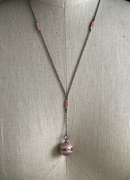 c. 1910s Pink Guilloche Enamel Vinaigrette Necklace