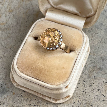 Early 20th c. Art Nouveau Crescent Moon Lady 10k Gold Ring