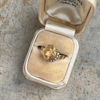Early 20th c. Art Nouveau Crescent Moon Lady 10k Gold Ring