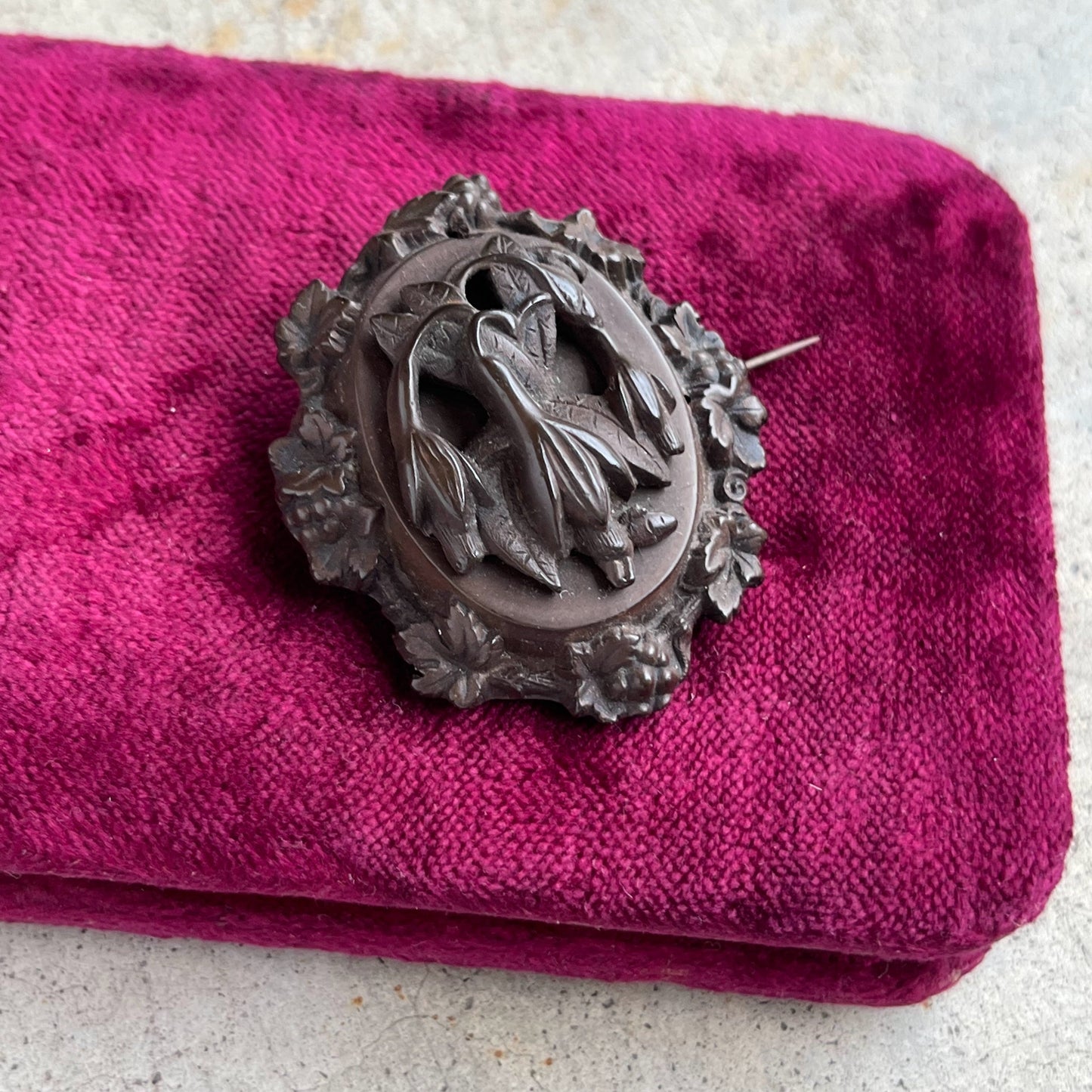 Mid 19th c. Gutta Percha Fuchsia Flower Brooch