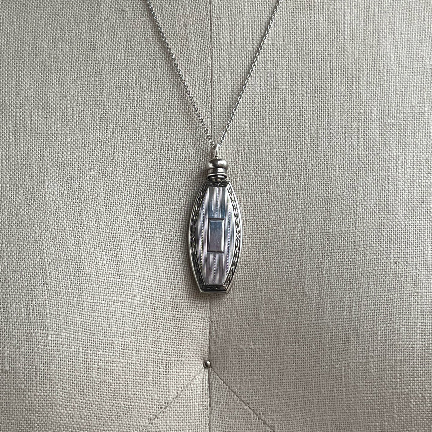 Art Deco Sterling Silver Perfume Bottle Necklace | 20" Chain