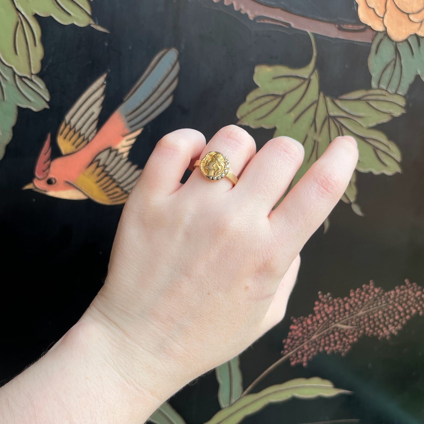 Early 20th c. Art Nouveau Crescent Moon Lady 10k Gold Ring