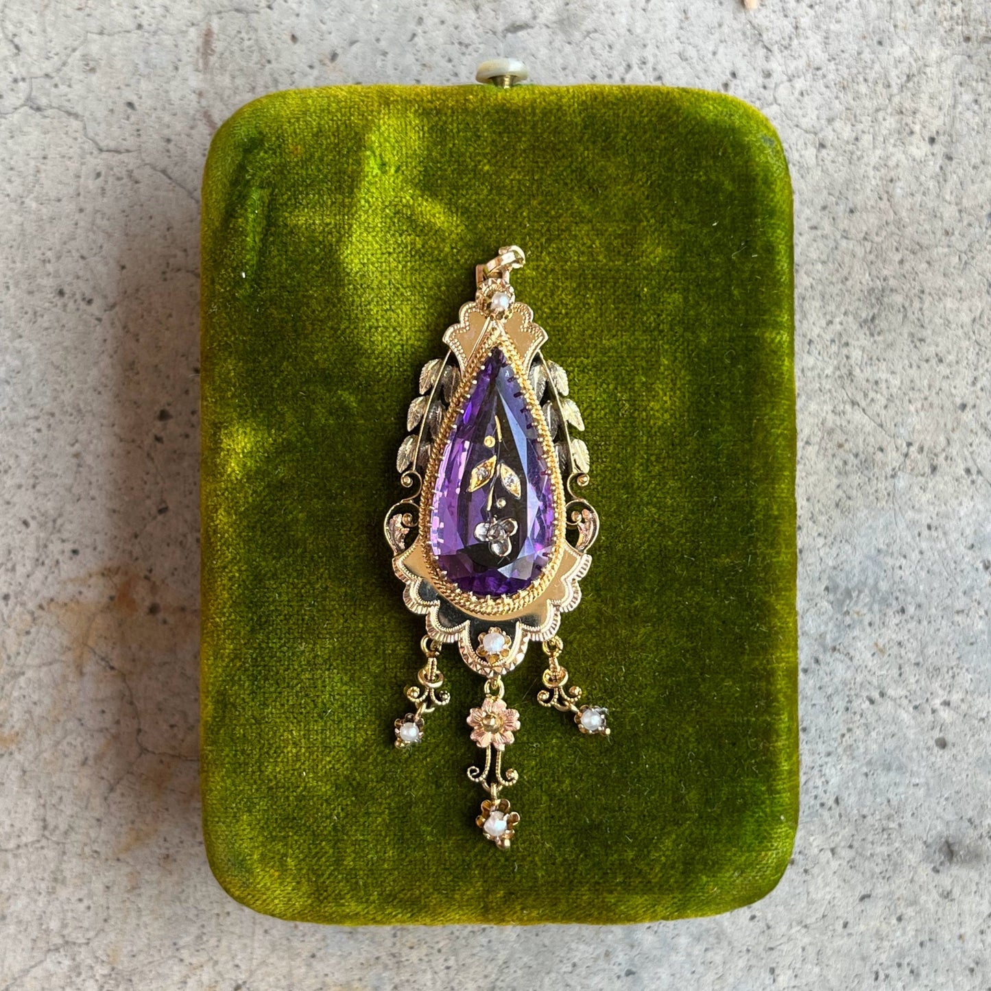 c. 1870s-1880s Rose of Sharon 14k Gold Amethyst Diamond Pendant