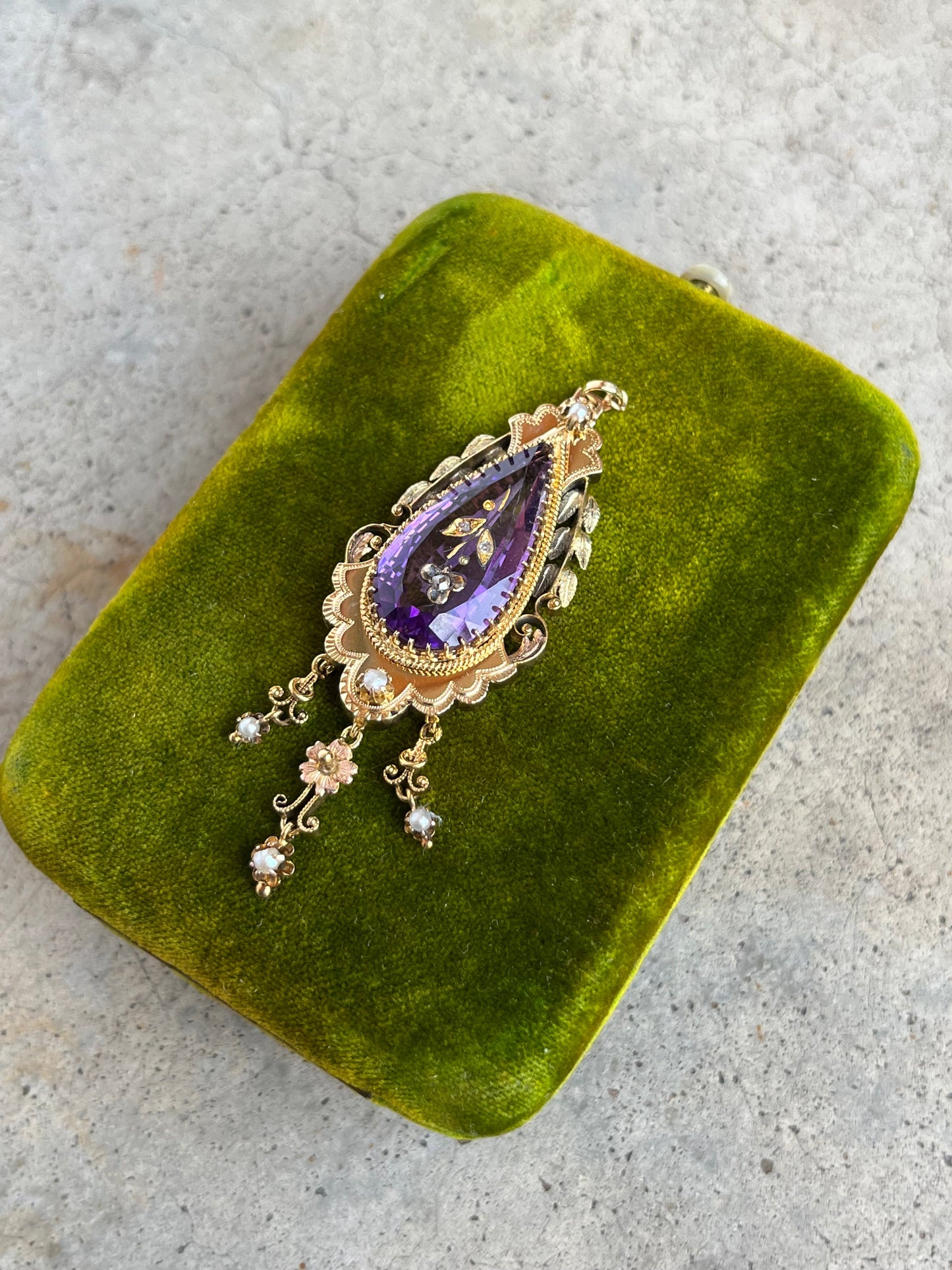 c. 1870s-1880s Rose of Sharon 14k Gold Amethyst Diamond Pendant