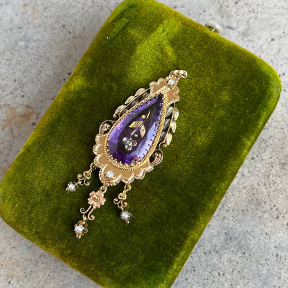 c. 1870s-1880s Rose of Sharon 14k Gold Amethyst Diamond Pendant