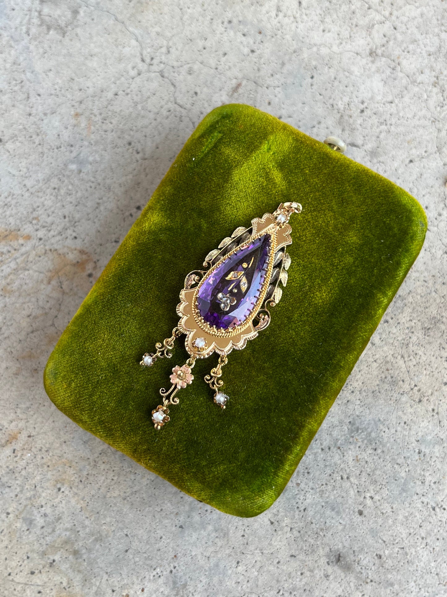 c. 1870s-1880s Rose of Sharon 14k Gold Amethyst Diamond Pendant