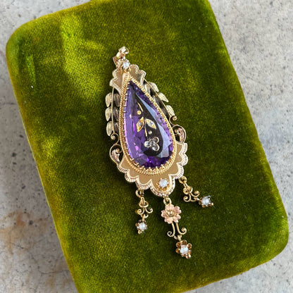 c. 1870s-1880s Rose of Sharon 14k Gold Amethyst Diamond Pendant