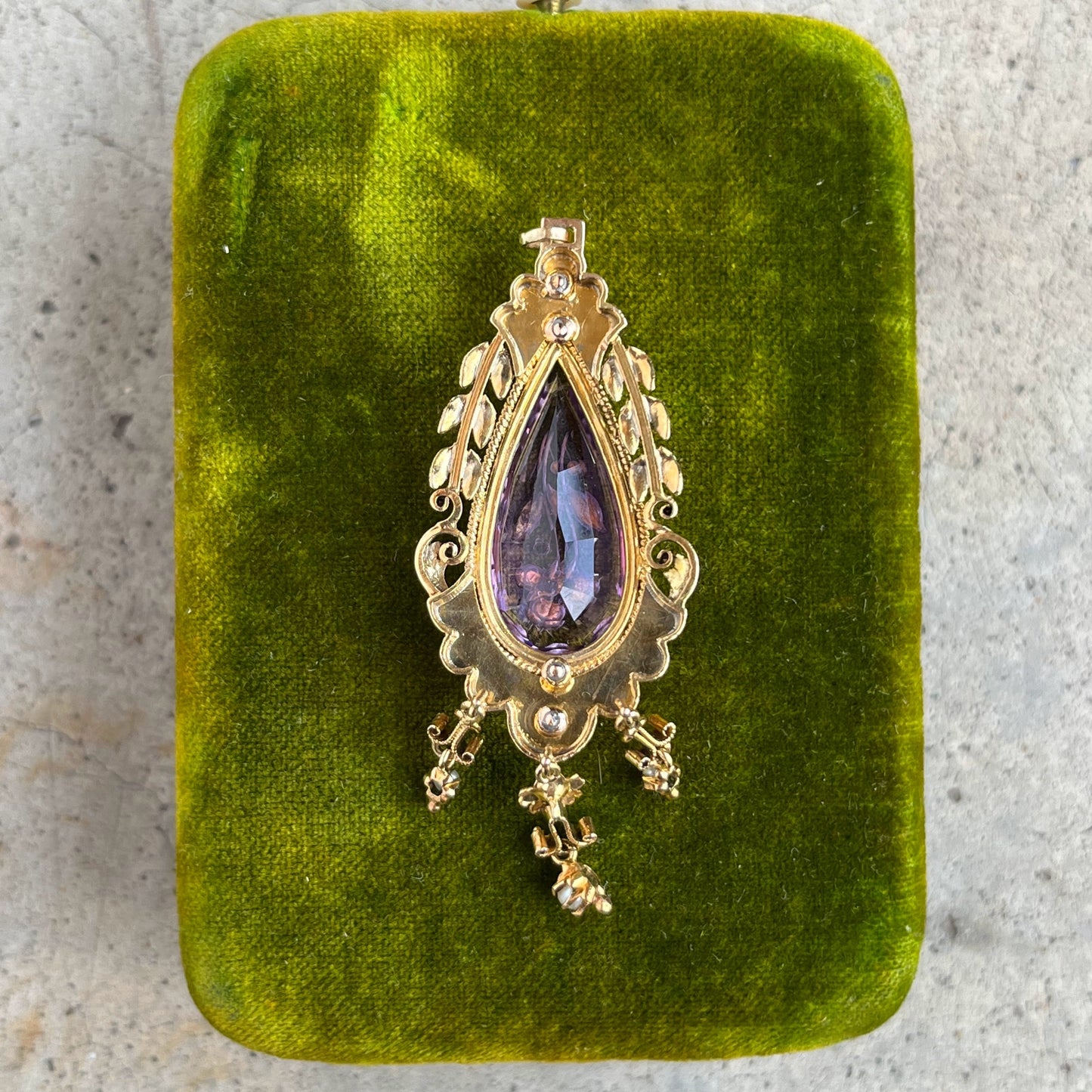 c. 1870s-1880s Rose of Sharon 14k Gold Amethyst Diamond Pendant