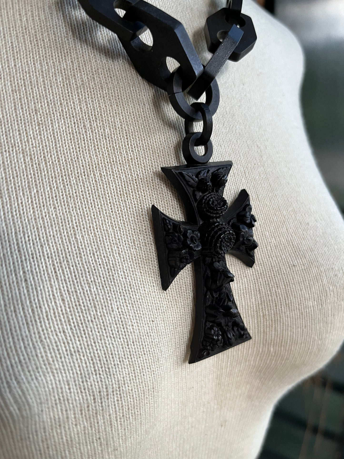 RESERVED | 19th c. Vulcanite Cross Necklace