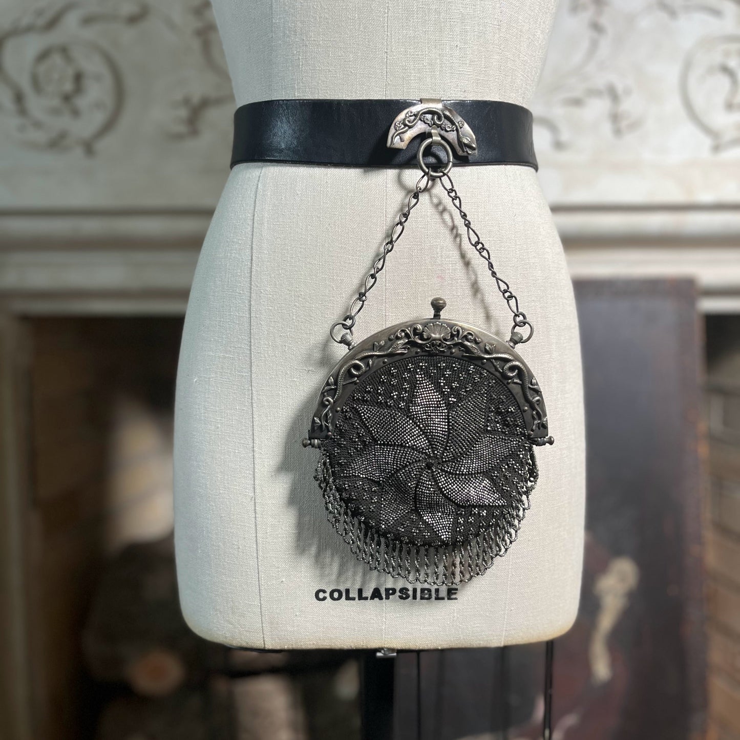 c. 1900 Cut Steel Beaded Snake Chatelaine Purse