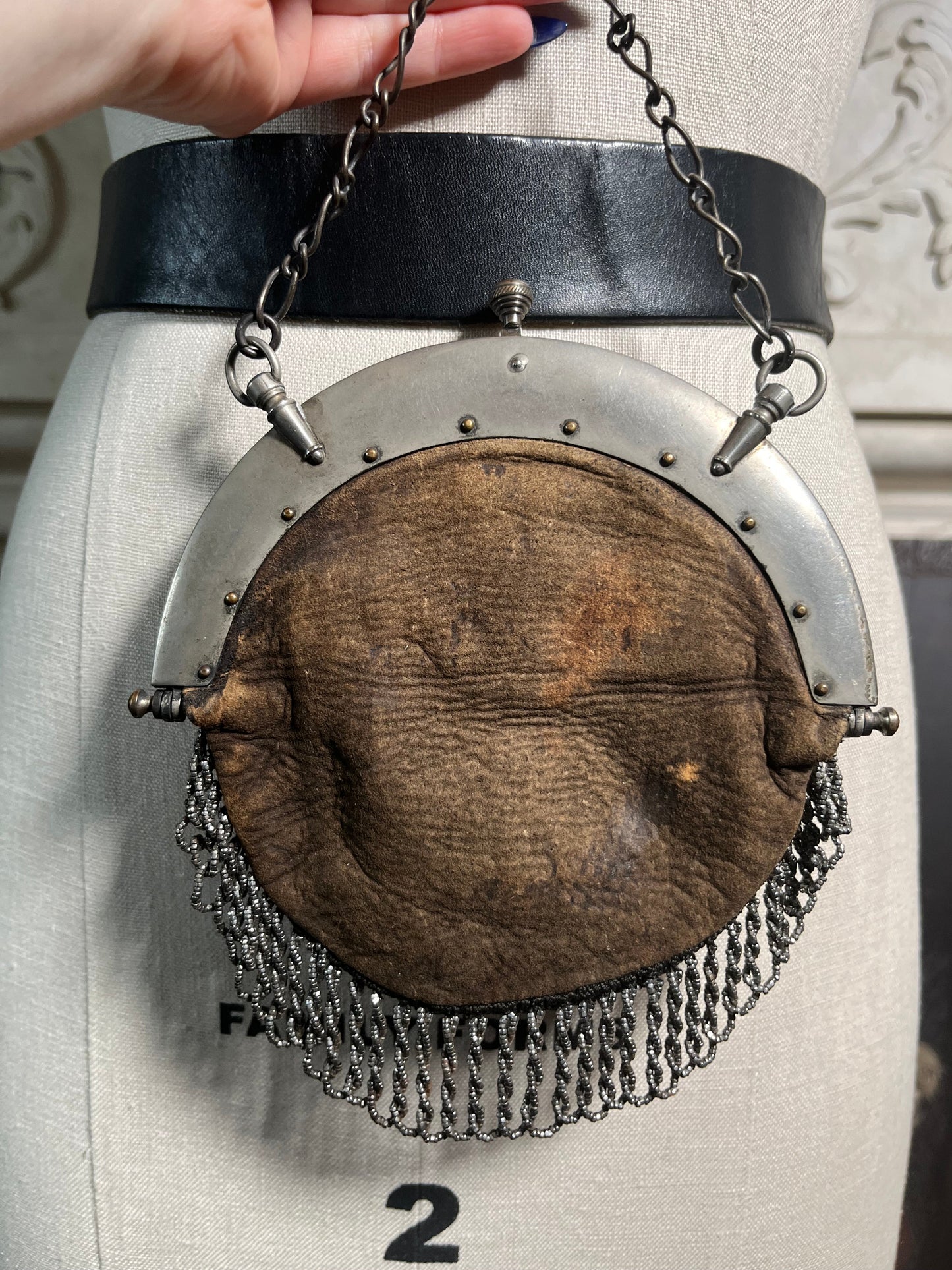 c. 1900 Cut Steel Beaded Snake Chatelaine Purse