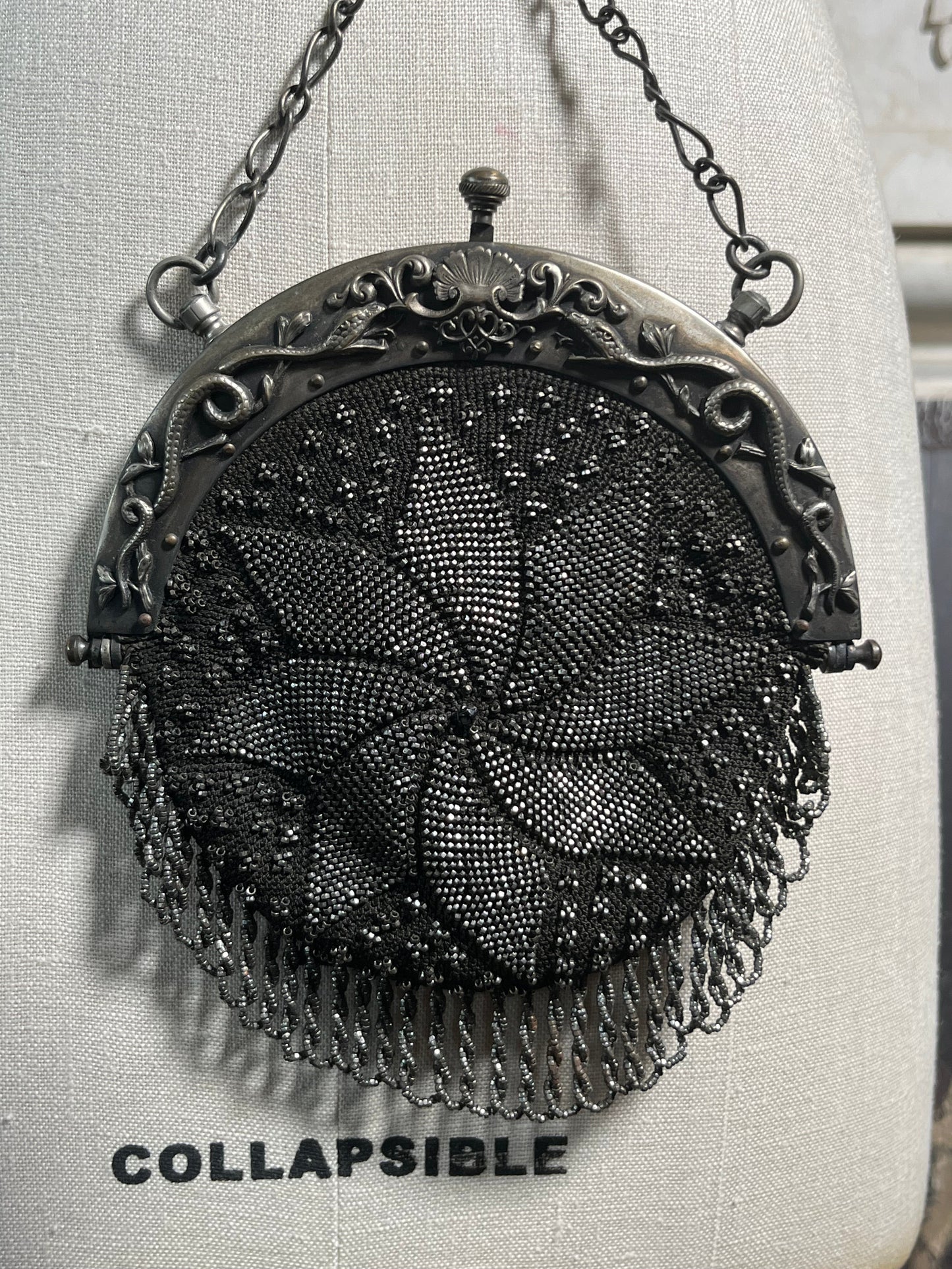 c. 1900 Cut Steel Beaded Snake Chatelaine Purse