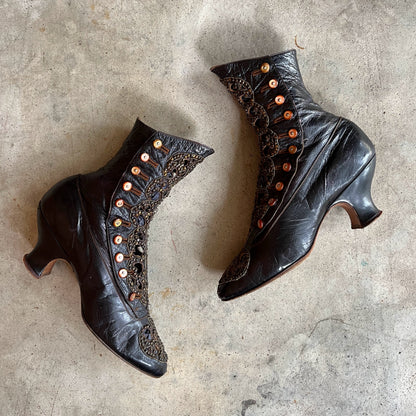 c. 1910s Studded Leather Cutout Boots