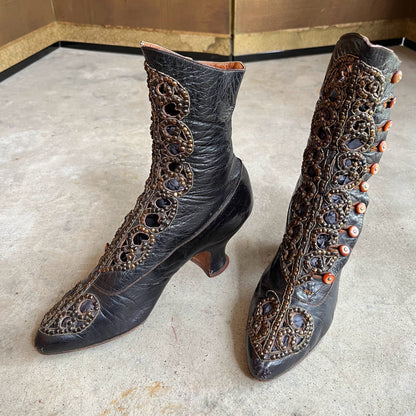 c. 1910s Studded Leather Cutout Boots