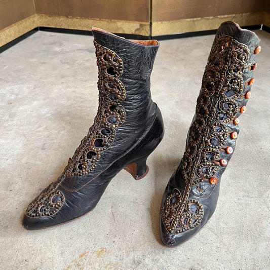 c. 1910s Studded Leather Cutout Boots
