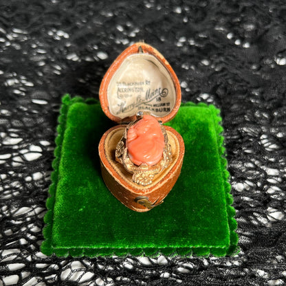 c. 1910s Coral Cameo 12k Gold Diamond Ring