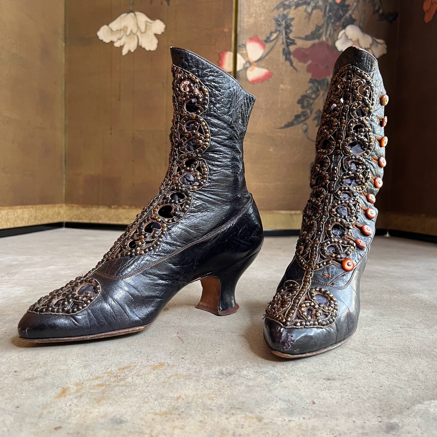 c. 1910s Studded Leather Cutout Boots