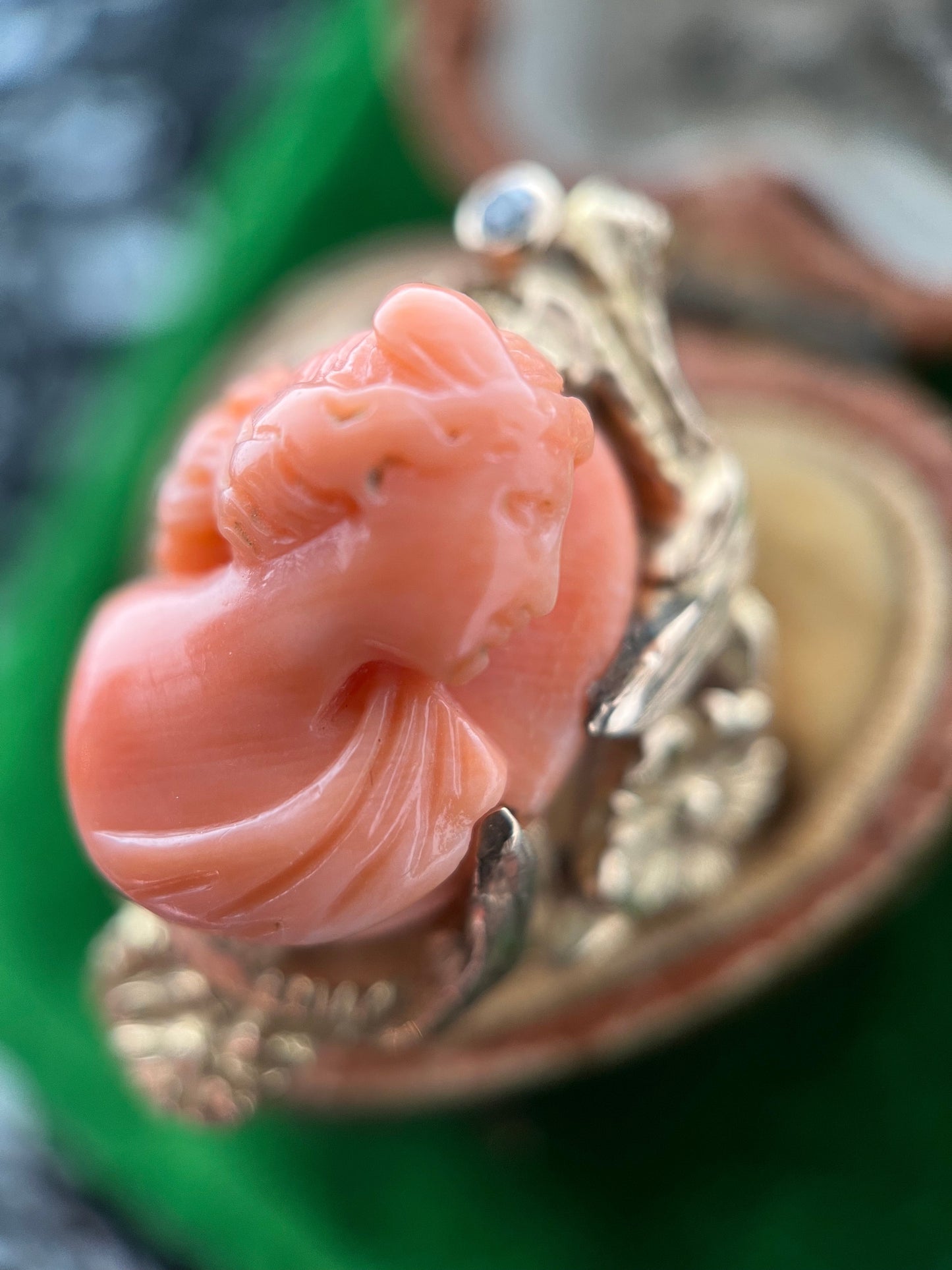 c. 1910s Coral Cameo 12k Gold Diamond Ring