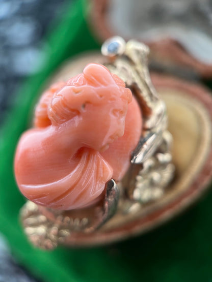 c. 1910s Coral Cameo 12k Gold Diamond Ring