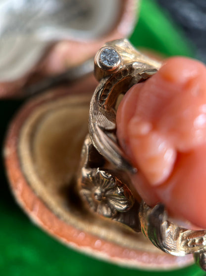 c. 1910s Coral Cameo 12k Gold Diamond Ring