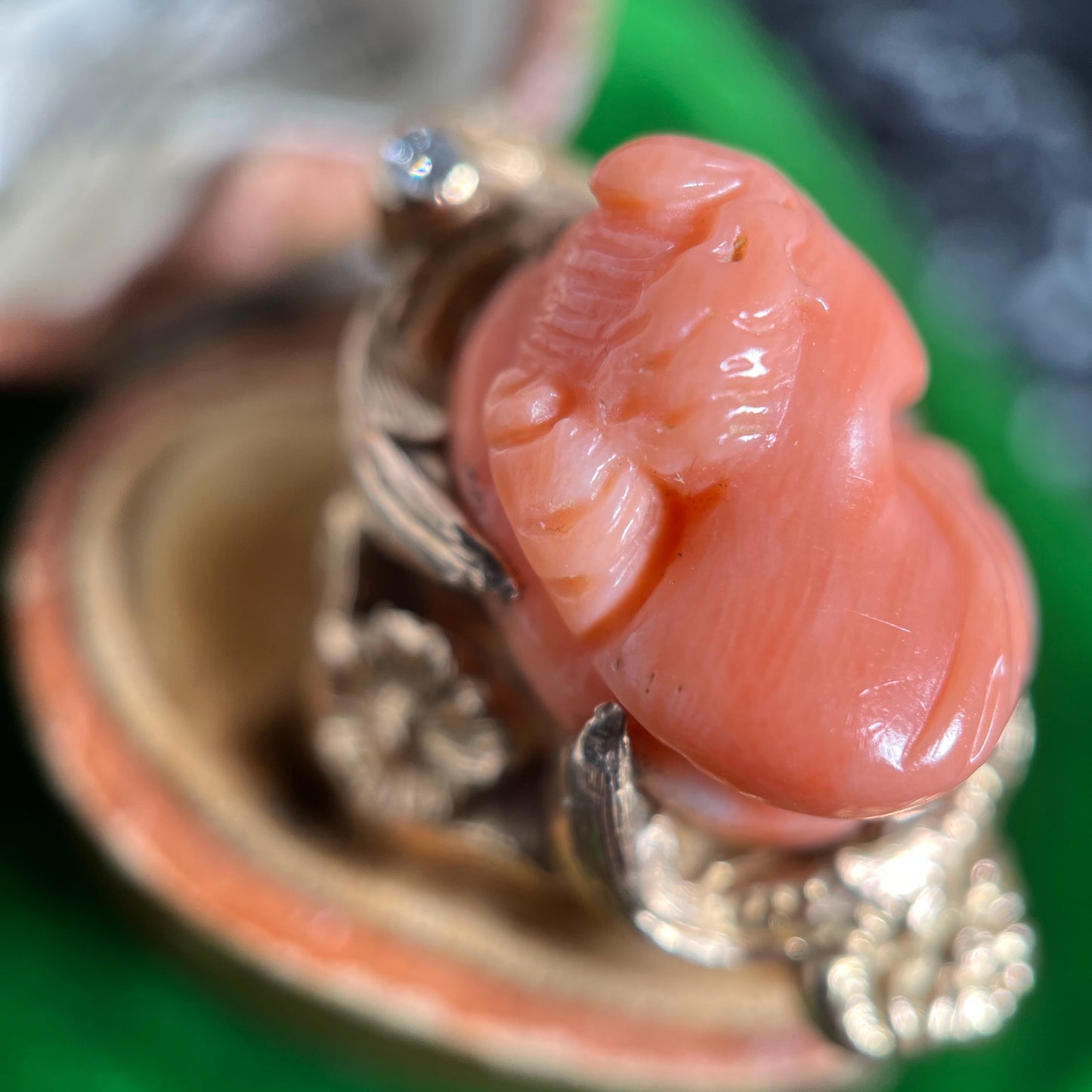 c. 1910s Coral Cameo 12k Gold Diamond Ring