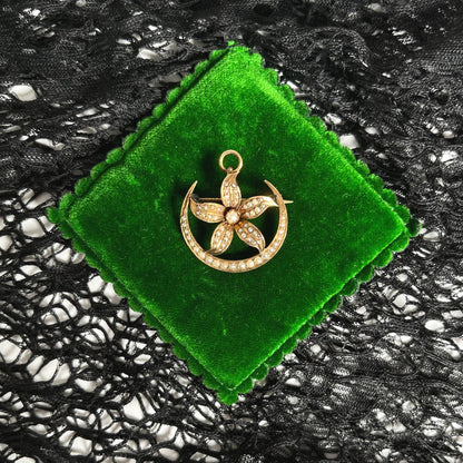 Early 20th c. 14k Gold Moon Flower Brooch + Pendant