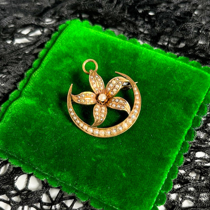 Early 20th c. 14k Gold Moon Flower Brooch + Pendant