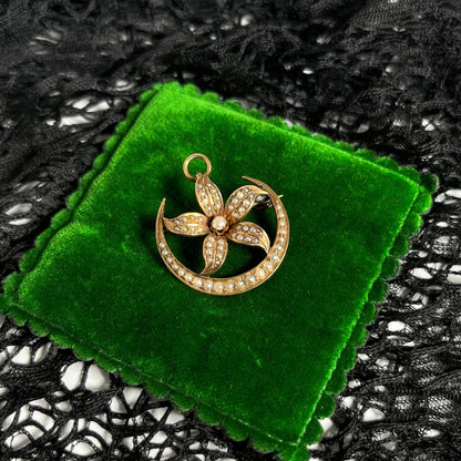 Early 20th c. 14k Gold Moon Flower Brooch + Pendant
