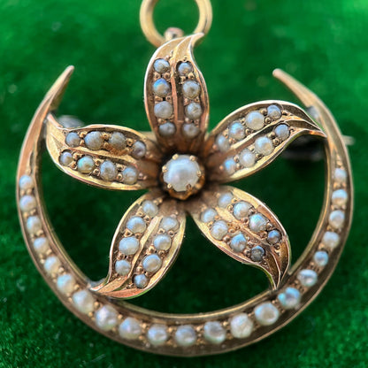 Early 20th c. 14k Gold Moon Flower Brooch + Pendant