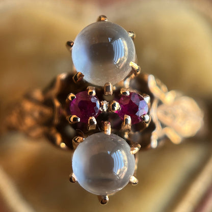 c. 1880s-1890s 10k Gold Moonstone Ruby Ring
