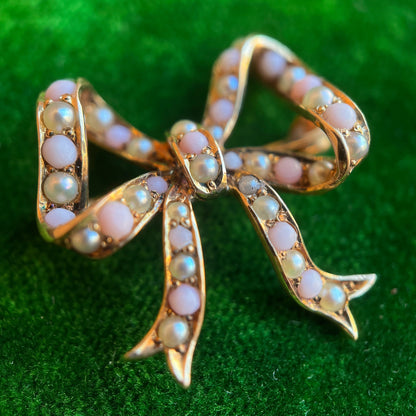 Edwardian 14k Gold Coral + Pearl Bow Brooch