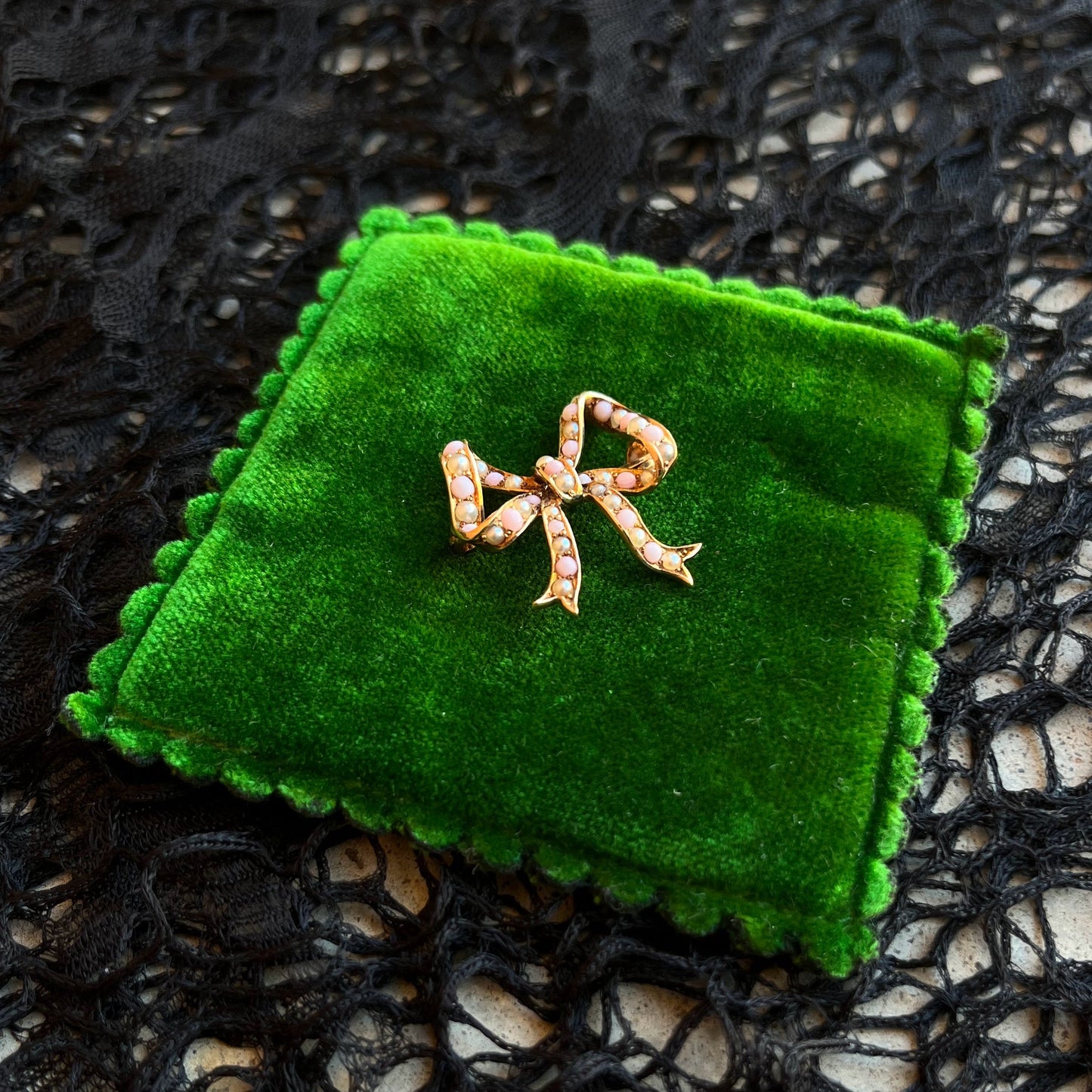 Edwardian 14k Gold Coral + Pearl Bow Brooch