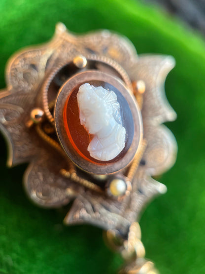 RESERVED for Jen | c. 1870s 14k Gold Hardstone Cameo Brooch + Pendant
