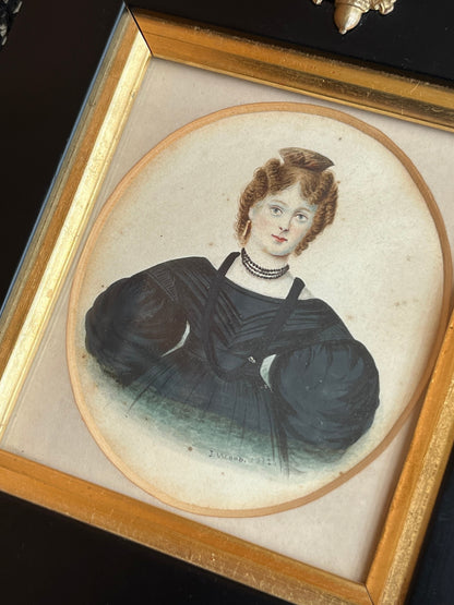 1830s Framed Miniature Portrait Painting | Signed J. Wood 1832