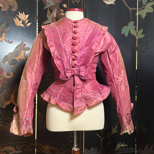 c. Late 1860s-Early 1870s Pink + Purple Silk Bodice