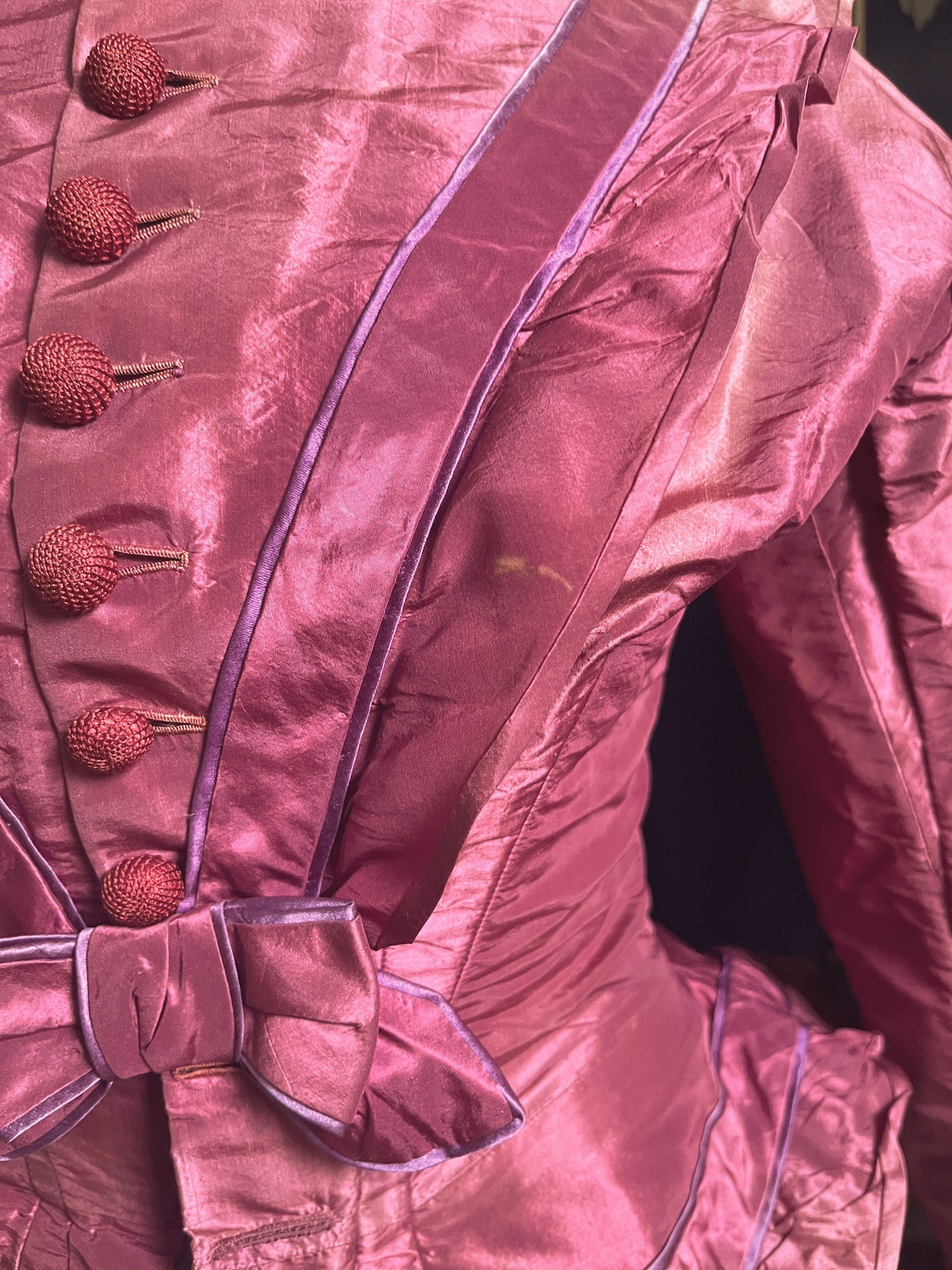c. Late 1860s-Early 1870s Pink + Purple Silk Bodice