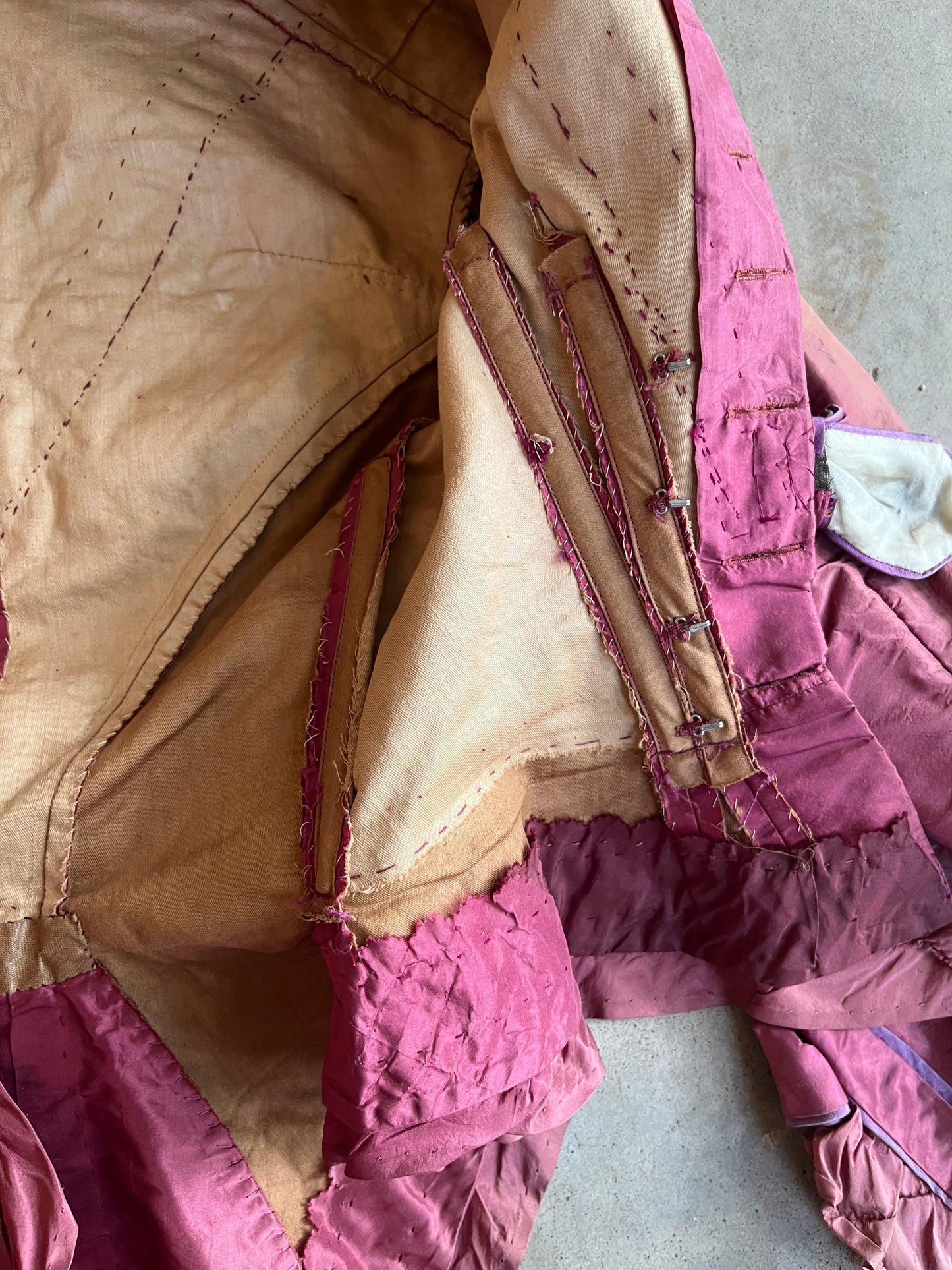 c. Late 1860s-Early 1870s Pink + Purple Silk Bodice