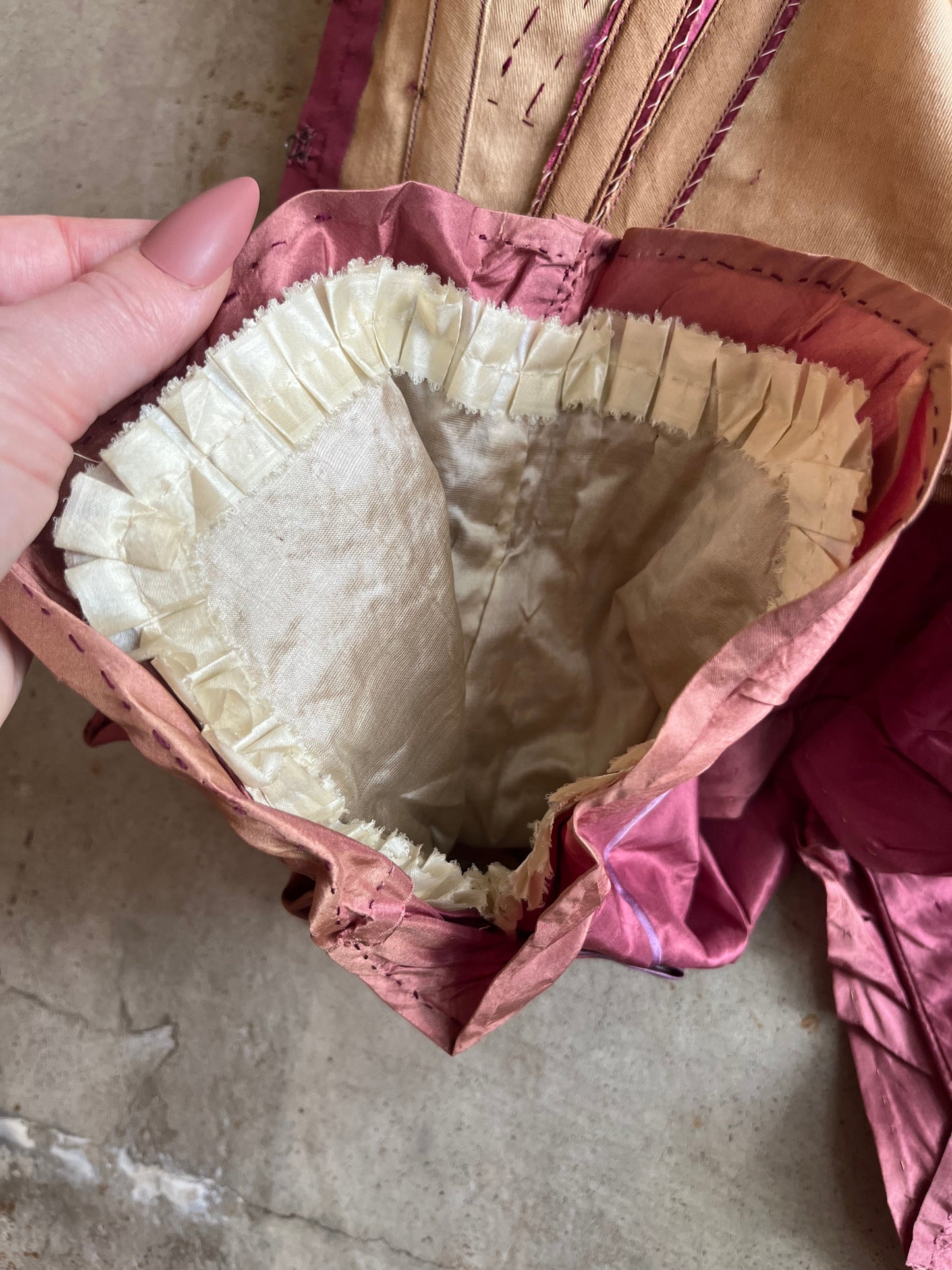 c. Late 1860s-Early 1870s Pink + Purple Silk Bodice
