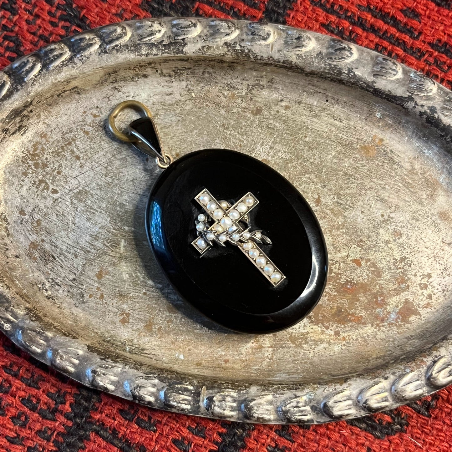 c. 1870s Seed Pearl Cross Mourning Locket