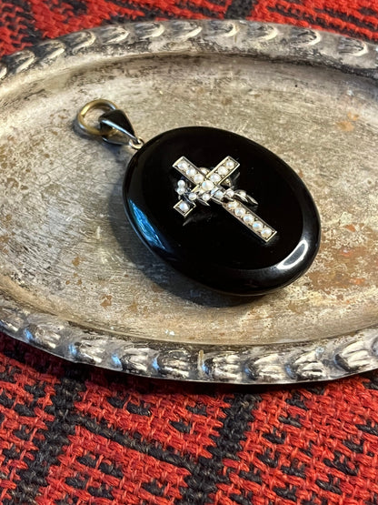 c. 1870s Seed Pearl Cross Mourning Locket