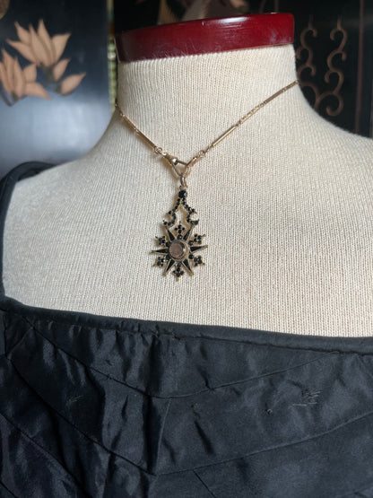 c. 1870s Crescent Moon Star 14k Gold + Onyx Hair Locket Pendant